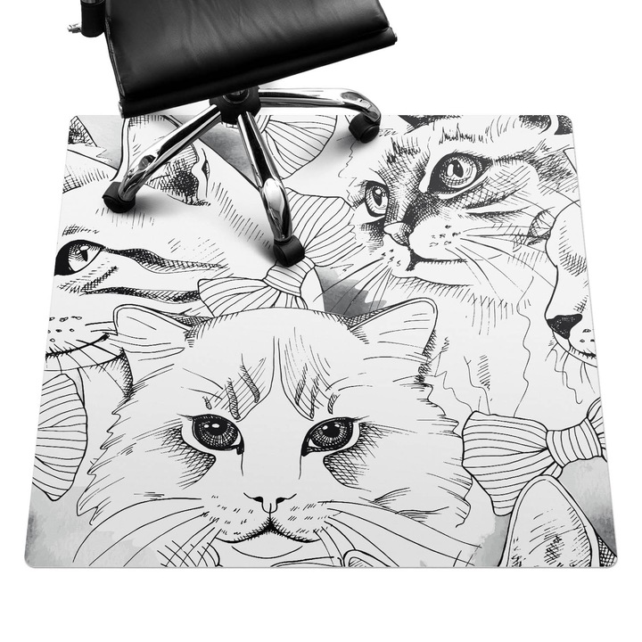 Íróasztal szék alátét, Wallfluent, Macskák íjakkal, Fekete és fehér, 100x100 cm, 010250310050100011592