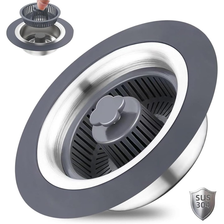 Sita de scurgere pentru chiuveta, 3 in 1, dop pentru deseuri, dezodorizant pentru filtru de chiuveta, otel inoxidabil 304, pentru scurgere de 72 – 87 mm, argintiu