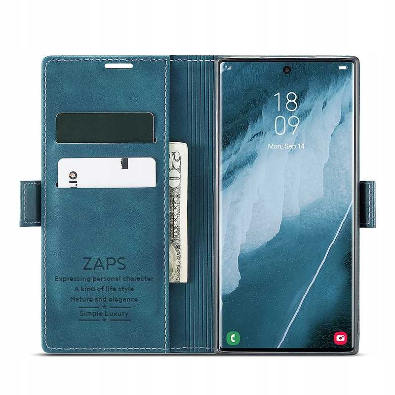 Husa din piele cu clapa pentru Samsung Galaxy S23 Ultra, Spacecase Wallet buzunare pentru carduri si bani, piele ecologica eleganta, piele de caprioara, inchidere magnetica, rezistenta la socuri, eleganta, albastru clasic