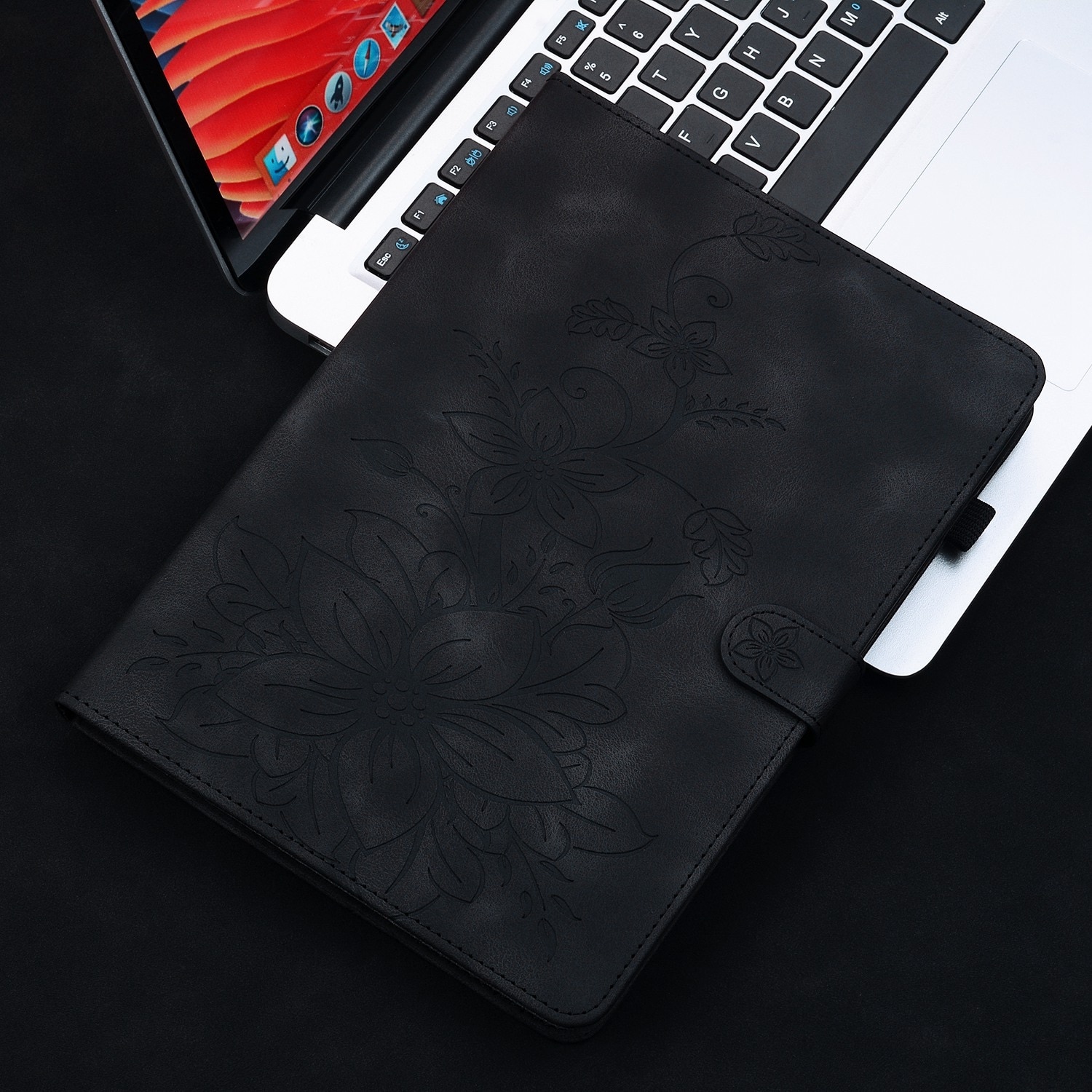 Husa tableta compatibila cu Samsung Galaxy Tab S7 FE/S8+/S7+, piele gravata cu motive florale, neagra