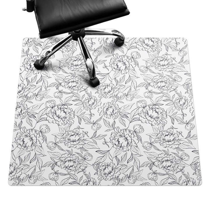 Íróasztal szék alátét, Wallfluent, Virágos kontúr minta, Fekete és fehér, 100x100 cm, 010250310050100033446