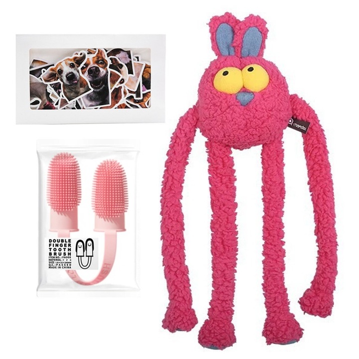 Set 3-in-1 de Jucarii pentru Caini, Jucarie Moale cu Sunet, Periuta de Dinti pentru Doua Degete, Autocolante Reale de Caini, Rosu Trandafir