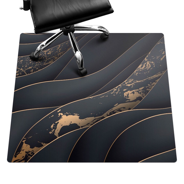 Szék alátét szőnyeg, Wallfluent, Hullámos vonalak foltokkal, Fekete, 100x100 cm, 010250310050100056605