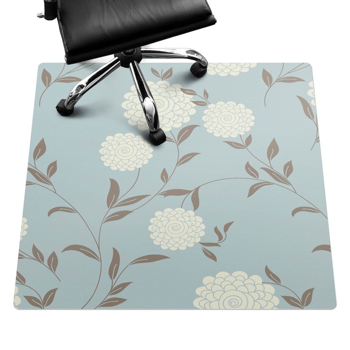 Covoras pentru protectie pardosea, Wallfluent, Model retro floral, Turcoaz, 100x100 cm, 010250310050100057235