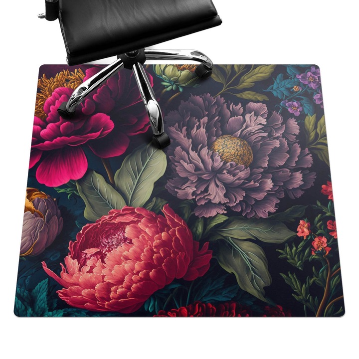 Íróasztal szék alátét, Wallfluent, Vintage virágmintás, Fekete, 100x100 cm, 010250310050100075347