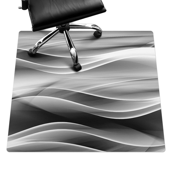 Irodai szék szőnyeg, Wallfluent, Hullámos absztrakciós vonalak, Fekete és fehér, 100x100 cm, 010250310050100077225