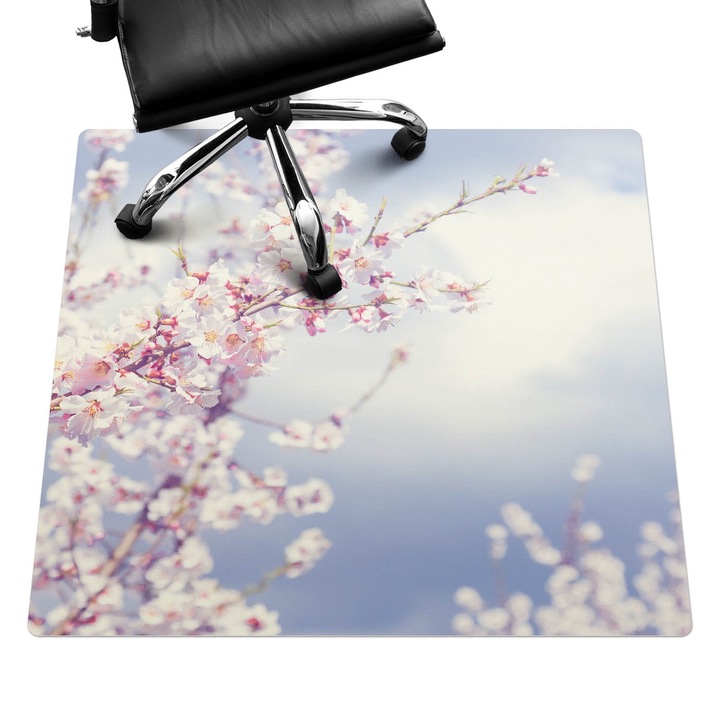 Íróasztal szék alátét, Wallfluent, Tavaszi virágok, Fehér, 100x100 cm, 010250310050100077378