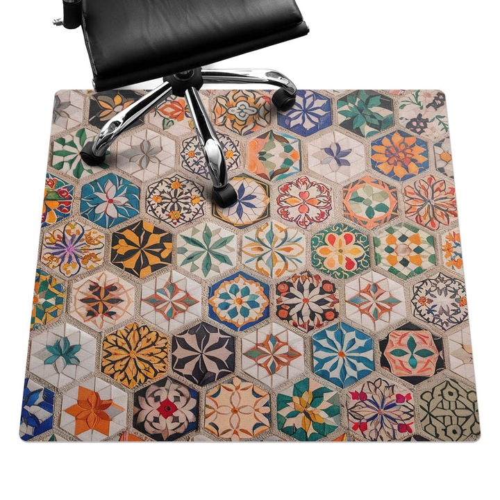 Irodai szék szőnyeg, Wallfluent, Virág mozaik, Barna, 100x100 cm, 010250310050100281988