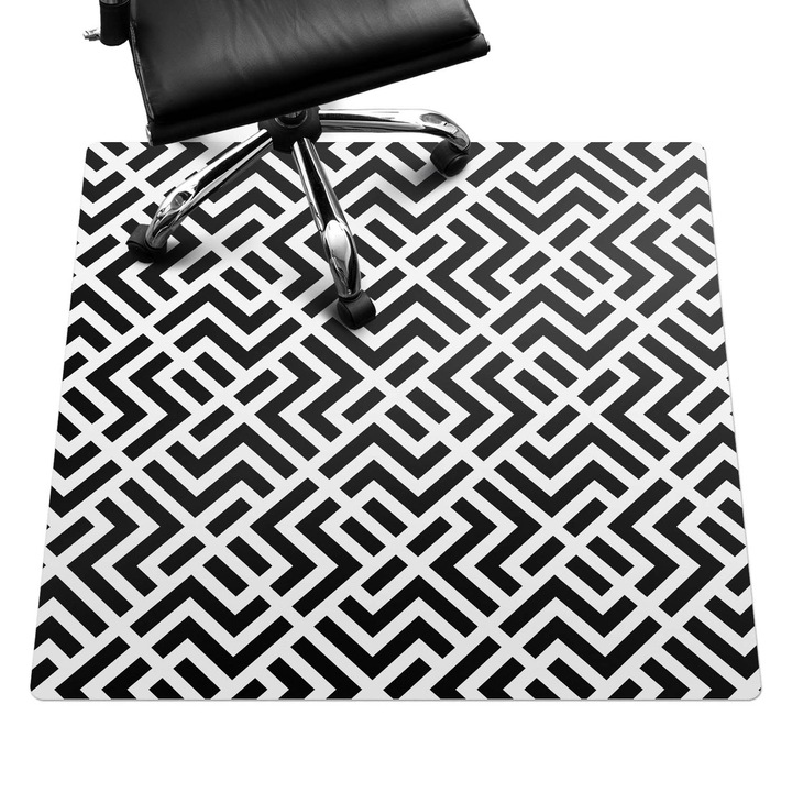 Íróasztal szék alátét, Wallfluent, Geometrikus cikk-cakk, Fekete és fehér, 100x100 cm, 010250310050100282516
