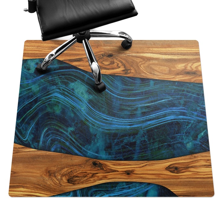 Íróasztal szék alátét, Wallfluent, Fa és hullámok, Kék, 100x100 cm, 010250310050100282689