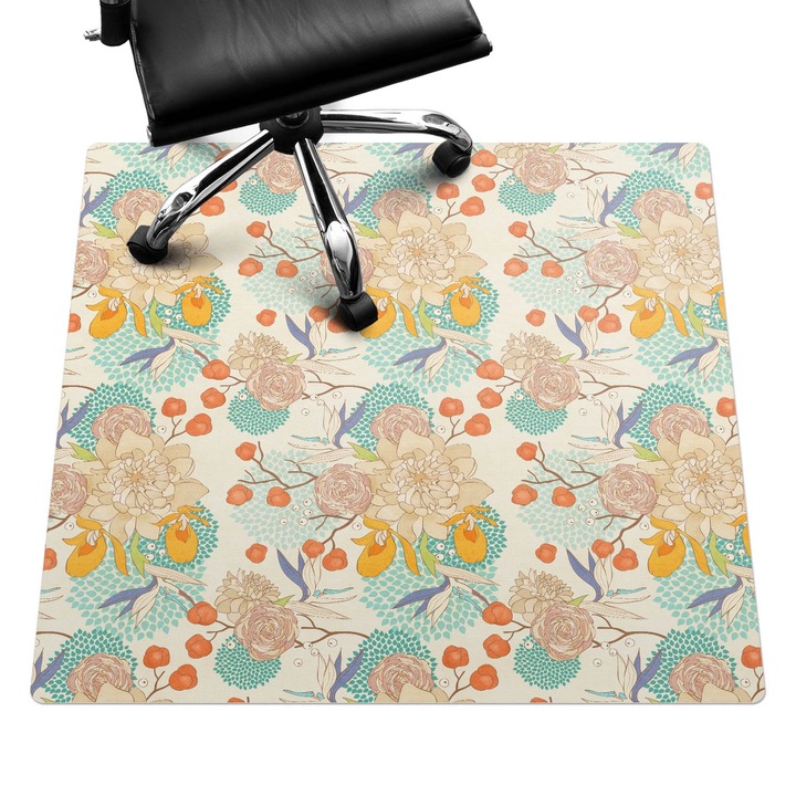 Protectie podea birou, Wallfluent, Model retro floral, Bej, 100x100 cm, 010250310050100282788