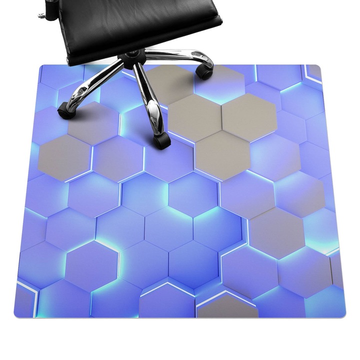 Íróasztal szék alátét, Wallfluent, Megvilágított hatszögek, Kék, 100x100 cm, 010250310050100282887