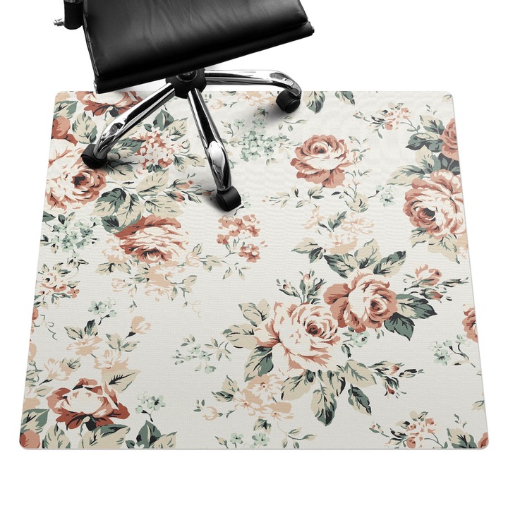 Covoras pentru protectie pardosea, Wallfluent, Model retro floral, Bej, 100x100 cm, 010250310050100282876