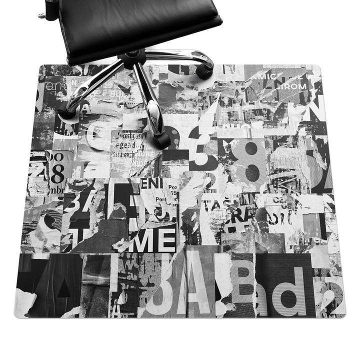 Irodai szék szőnyeg, Wallfluent, Betűk és számok kollázsa, Fekete és fehér, 100x100 cm, 010250310050100282852