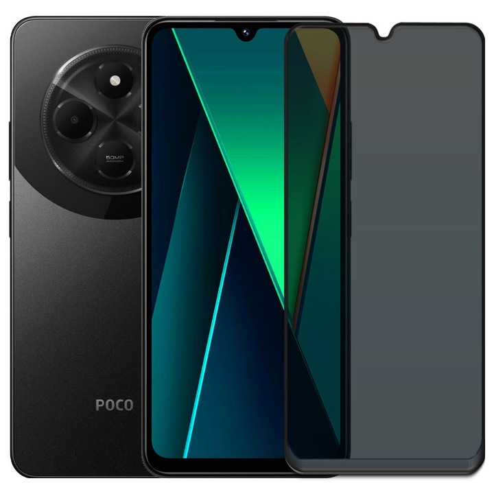Folie din sticla securizata pentru Xiaomi Poco C75, HAMSTERBOX Privacy Shield, Protectie completa ecran, Full face, Aplicare rapida, Case Friendly, Negru