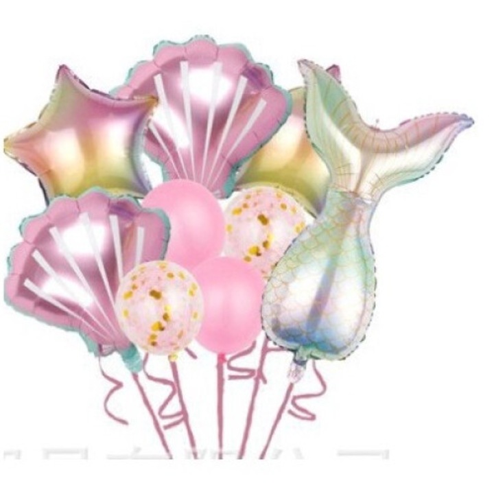 Комплект балони за рожден ден за момиченце, комплект от 9 балона, Flippy, тема русалка, 5 фолиеви балона, 4 латексови балона, розов металик