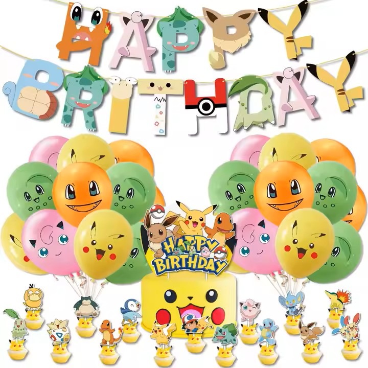 Set accesorii, decoratiuni, petrecere aniversara copii, Pokemon, Pikachu, 1 Banner La multi ani, 20 Baloane latex, 12 Cupcake topper, One Derya, Multicolor