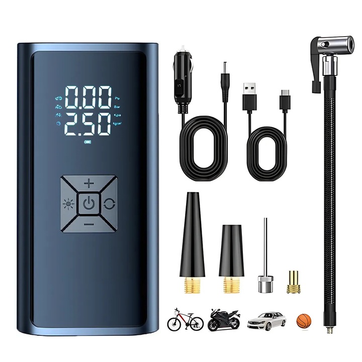 Pompa auto electrica cu manometru digital, baterie 4000 mAh, compresor portabil 150 PSI, ecran LCD, incarcare USB-C si auto, lanterna LED, negru