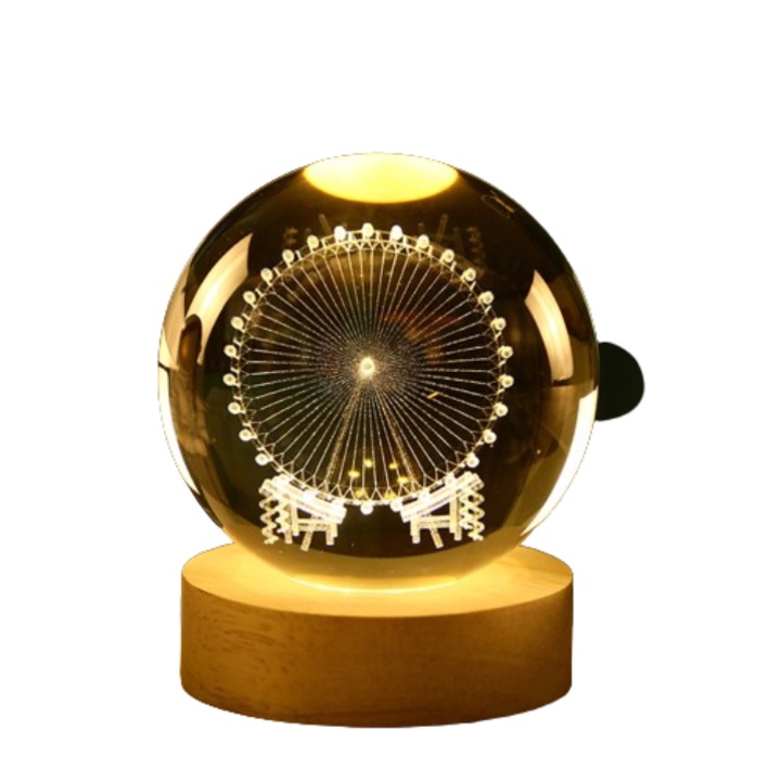 Glob de cristal cu baza din lemn, iluminare LED, decoratiune multifunctionala, 3D