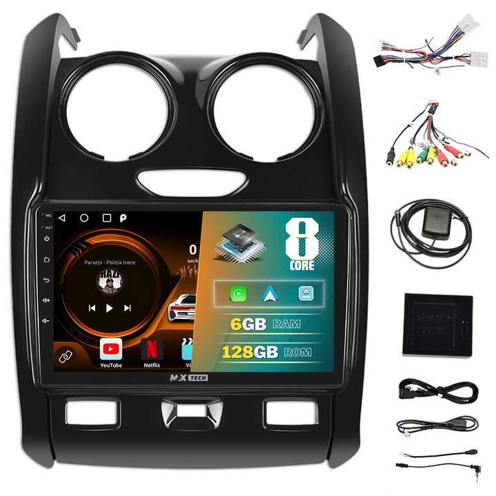 Navigatie Dacia Duster ( 2012 - 2019 ) dedicata Android 13 si Carplay, MaxTech®, ecran de 9'' IPS, 6 GB RAM 128 GB ROM, DSP, EQ, functii GPS, WIFI, RDS, Radio, Bluetooth, Waze