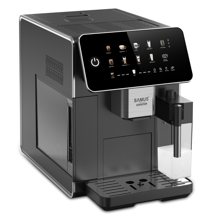Espressor Samus Sensation, 9 bauturi automate, 20 bari, Capacitate rasnita 300 g, 1350 W, Rezervor apa 1.5 litri, Rezervor lapte 300 ml, Sistem de curatare automata, Reglare grad macinare, Negru
