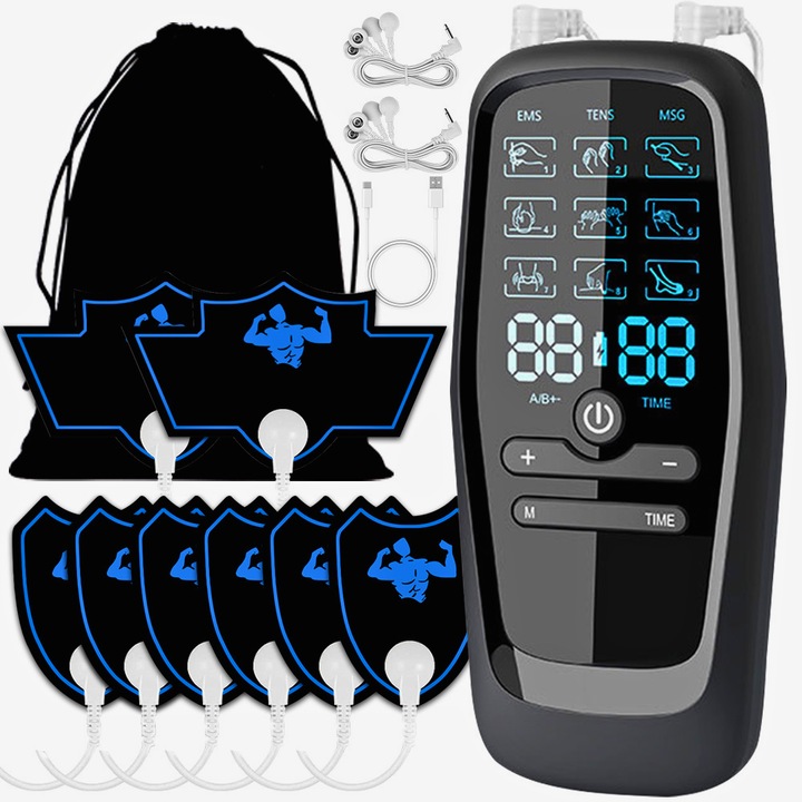 MARCINO fizioterápiás/elektroterápiás elektrostimulációs masszírozó, EMS és TENS masszázs, 9 üzemmód, 30 intenzitási szint, 2 független csatorna, LCD képernyő, 8 elektróda, izomlazítás/helyreállítás