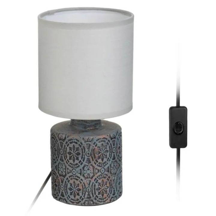 Veioza cu Baza Gri 220-240V, 50 HZ, cu baza ceramica rotunda de culoare gri cu model reliefat Abajur Gri, cablu de 115cm, intrerupator la 32cm si bec tip E14 (max 40W)