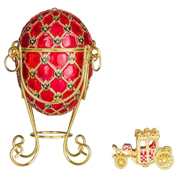 Ékszeres doboz, Faberge stílusú koronázó tojás kocsival, 19 cm, piros