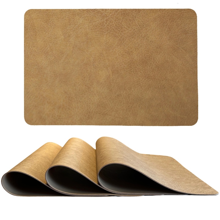 Set Suport Farfurie, Servet Impermeabil, Napron pentru Masa, din Piele Sintetica, Rezistente la Caldura, Antiderapante, 4 bucati, 44.5 x 30 cm, Stil Elegant, Maro Caramel