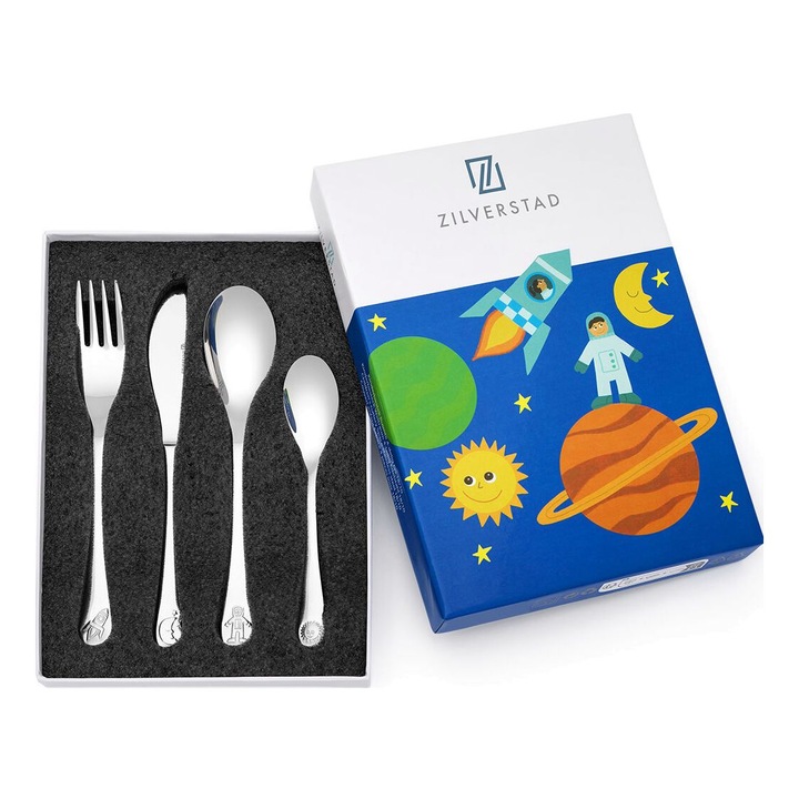 Zilverstad gyerek evőeszközkészlet, 4 darabos, rozsdamentes acél, űr témájú, 16cm, 17cm, 13cm