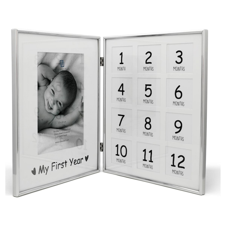 Rama foto pliabila "Primul meu an", Zilverstad, 13x18 cm si 12x5x5 cm, argintie, 25x20x26 cm