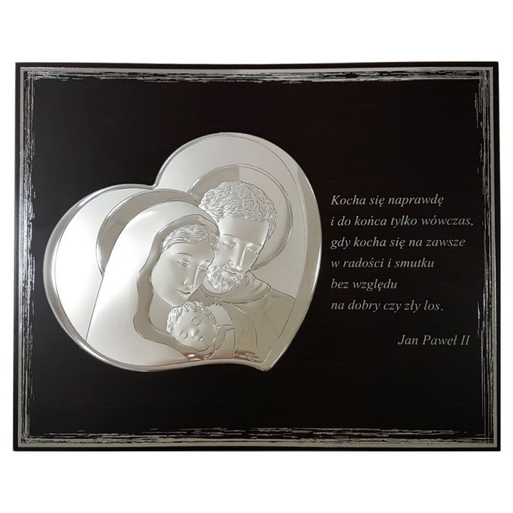 Tablou modern cu Sfanta Familie, Valenti, 25x20cm, lemn wenge, placa argintie MIRO-SILVER