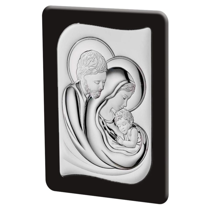 Icoana Sfanta Familie, Valenti, 15x11.5cm, argintiu/negru, cu rama din lemn