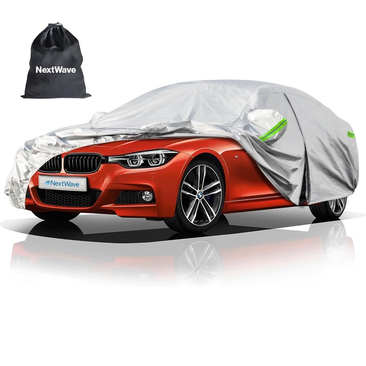 NextWave®️ Premium автомобилно покривало, водоустойчиво, UV защита, прах, сняг, замръзване, универсално за седан, джобове за огледала, цип на шофьорската врата, първокласен материал, капак за чанта за съхранение, 480 x 190 x 150 cm
