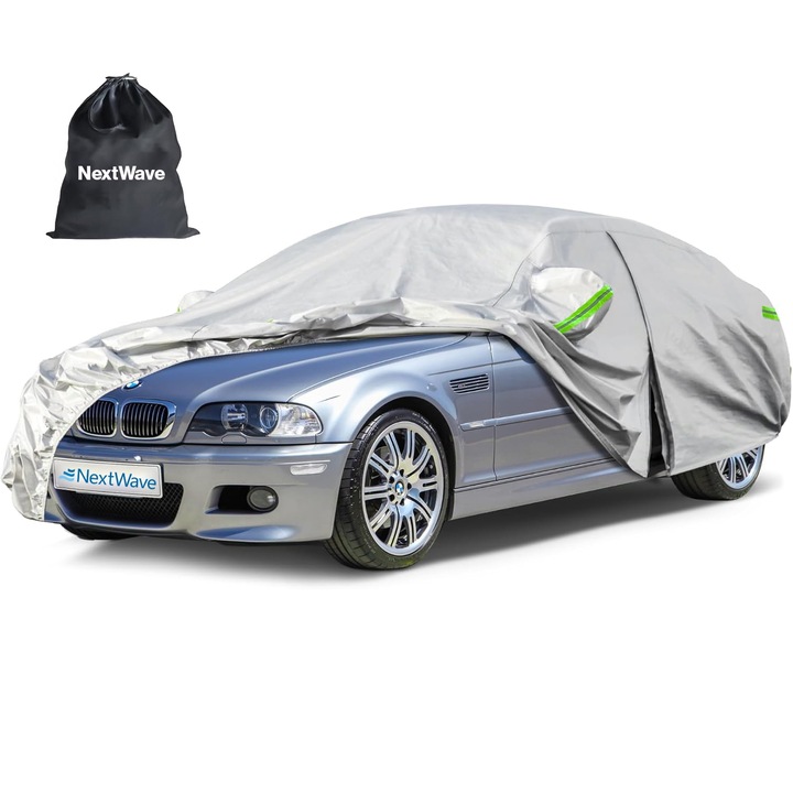 NextWave®️ Премиум калъф за кола, водоустойчив, UV защита, прах, сняг, скреж, универсален за седан, джобове за огледала, цип на шофьорската врата, първокласен материал, капак за чанта за съхранение, 500 x 200 x 150 cm