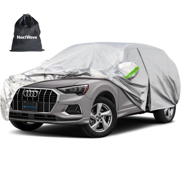 NextWave®️ Премиум калъф за кола, водоустойчив, UV защита, прах, сняг, скреж, универсален за SUV, джобове за огледала, цип на шофьорската врата, първокласен материал, капак за чанта за съхранение, 470 x 190 x 185 cm