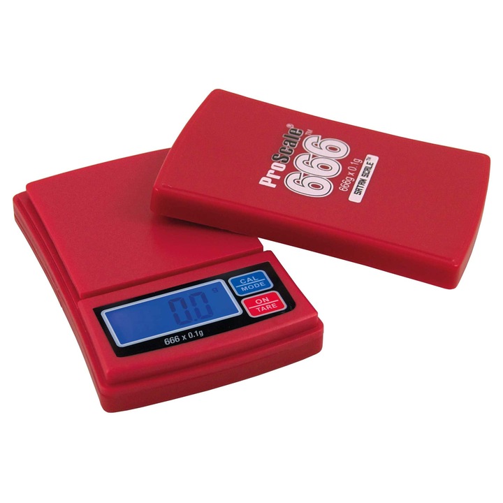 Cantar de buzunar mini, Proscale 0.1-666g, Rosu, Indicator de suprasarcina, LCD, g, oz, gn, dwt, 2 x baterii AAA incluse