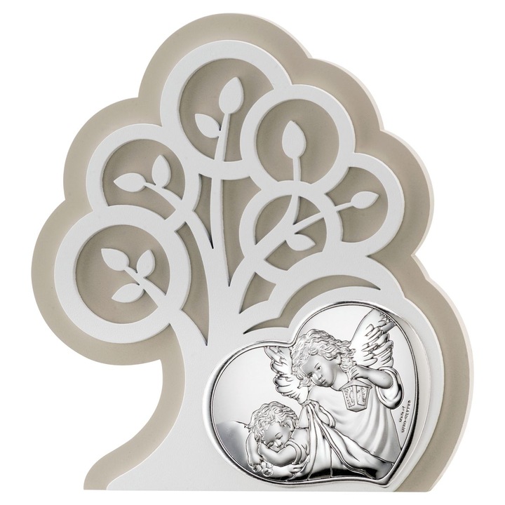 Őrangyal ikon, Valentine, díszes panel, ezüstözött, 14x15,5 cm, keresztelőre vagy születésre