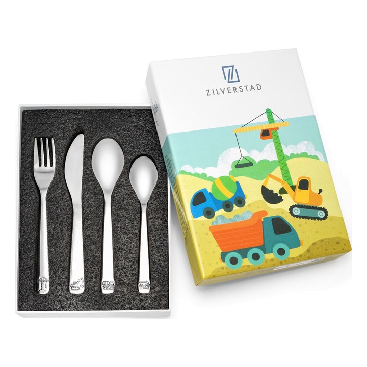Комплект детски прибори за хранене Zilverstad, 4 части, неръждаема стомана, тема коли, предназначен за най-малките