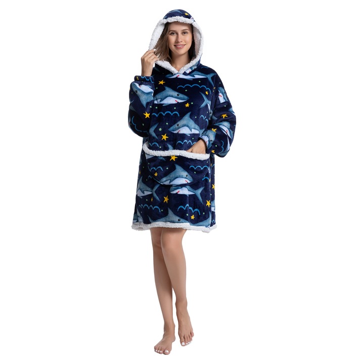 TillyBilly pulóver takaró ujjal, kapucnival és zsebekkel, kapucnis pulcsi, ultra puha, könnyű és meleg, sarki szőrös, NAVY SHARK modell