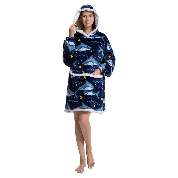 Patura hanorac TillyBilly cu maneci, gluga si buzunare, hoodie, ultra moale, usor si calduros, polar-blanita, model NAVY SHARK