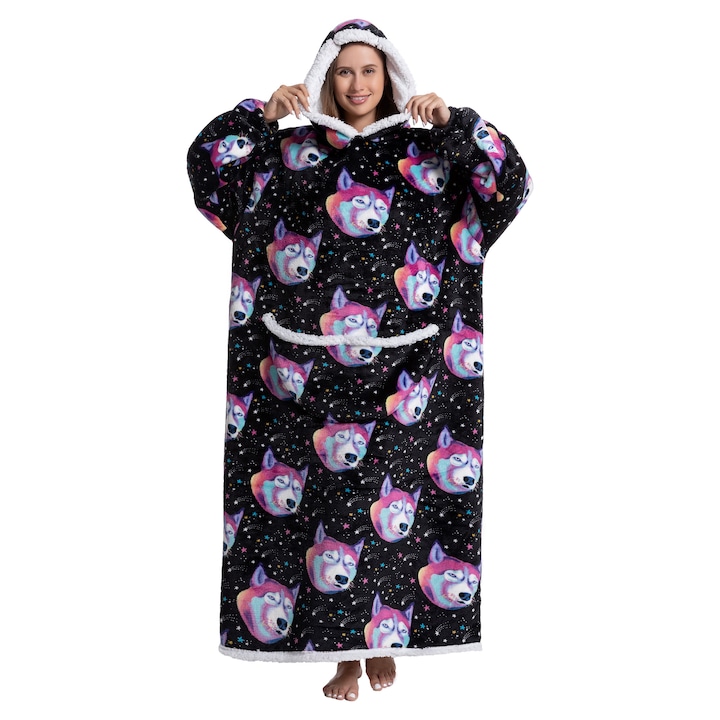Patura hanorac TillyBilly extra lunga cu gluga, maneci si buzunare, oversized hoodie, ultra moale usor si calduros polar blanita pentru femei si barbati, FUNNY DOG