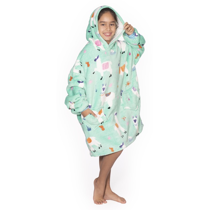 Patura hanorac TillyBilly Junior cu maneci, gluga si buzunare, hoodie, ultra moale, usor si calduros, polar-blanita, model ALPAKA