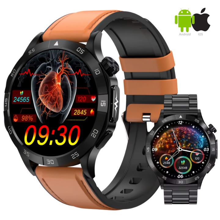 ZENARK® MED 9 PRO Okosóra, Ultra 4K AMOLED képernyő, vércukorszint monitorozás, EKG, pulzus, alvás, vér oxigén, testhőmérséklet, vérnyomás, légzés, húgysav, vérzsír, WhatsApp, levél, Facebook értesítések, fekete/barna