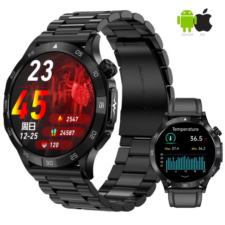 ZENARK® MED 9 PRO Okosóra, Ultra 4K AMOLED képernyő, vércukorszint-monitoring, EKG, pulzusszám, alvás, véroxigén, testhőmérséklet, vérnyomás, légzés, húgysav, vérzsír, WhatsApp, levél, Facebook értesítések, fekete