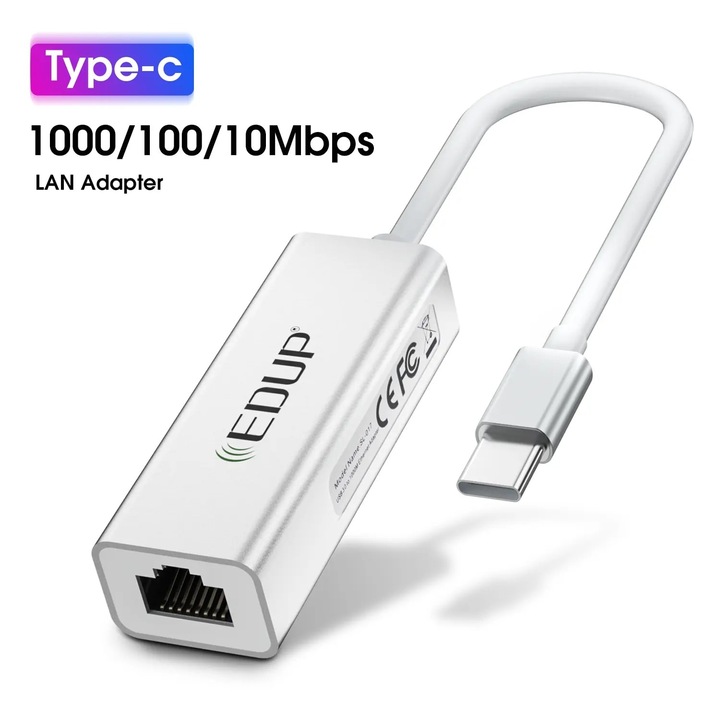 Adapter Ethernet USB-C EDUP 10/100/1000 Mbps, aluminiu, argintiu