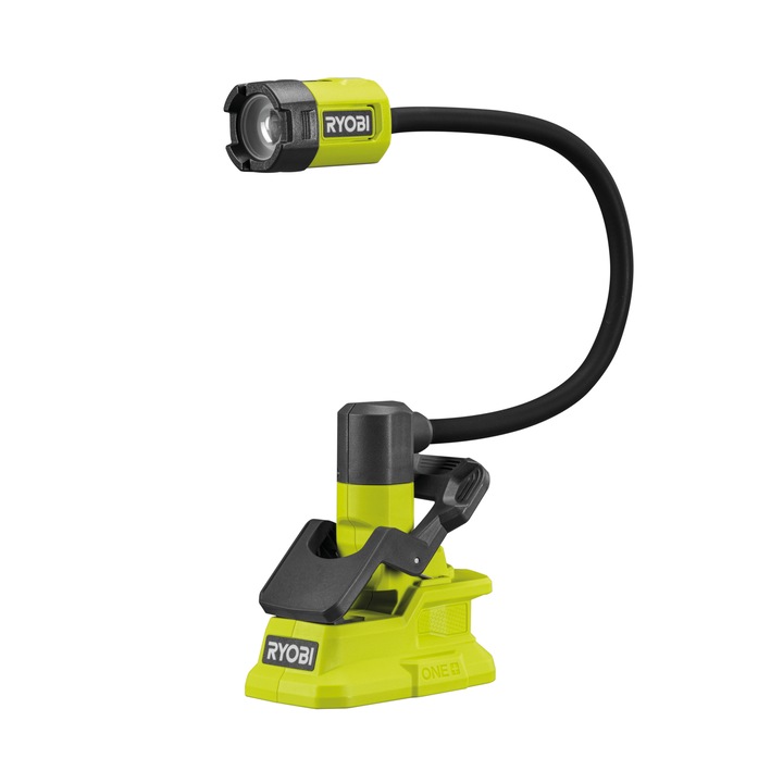 Лампа Ryobi 18V ONE+ LED, RLCF18-0, гъвкаво рамо 40 см, интензитет на потока 400 лумена, гумирана скоба за монтаж върху материали с дебелина до 38 мм