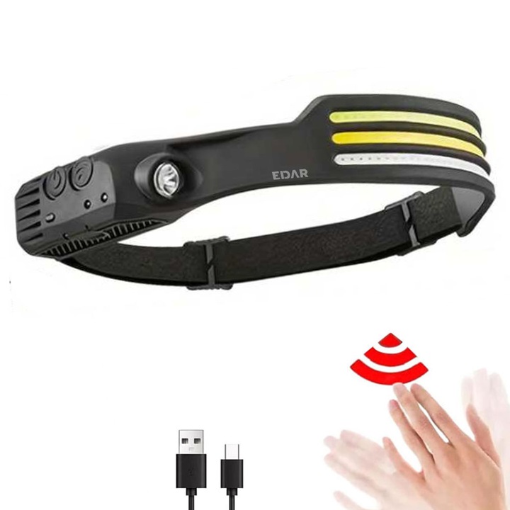 LED челник EDAR, модел W689-3, за глава, професионален, 4 източника на осветление, USB захранване, 8 режима на светене, за риболов, лов, работа, сензор за движение, черен