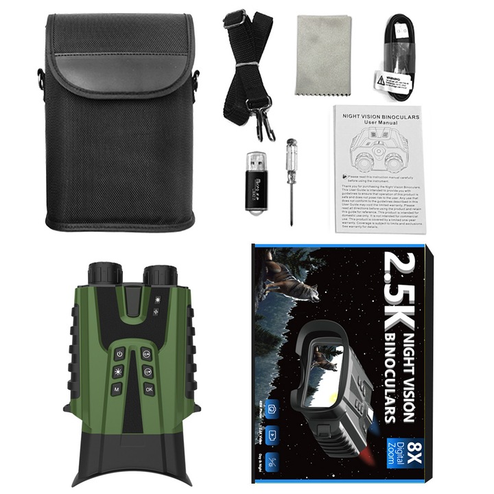 Професионален дигитален бинокъл CLC SmartGear Green – цветно нощно виждане, 15MP снимка, 2.5K UHD видео, оптично увеличение 4X + цифрово 8X, LCD екран 3", инфрачервен 7 нива, батерия 5200mAh, USB-C, карта 128GB – идеален за лов и нощно наблюдение