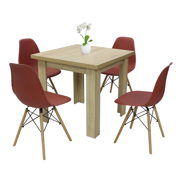 Set Masa fixa Patrata Vero Stejar cu 4 Scaune Maya Rosu, picioare din lemn, polipropilena, patrata, blat din PAL laminat, 80x80x75 cm, Stejar/Alb